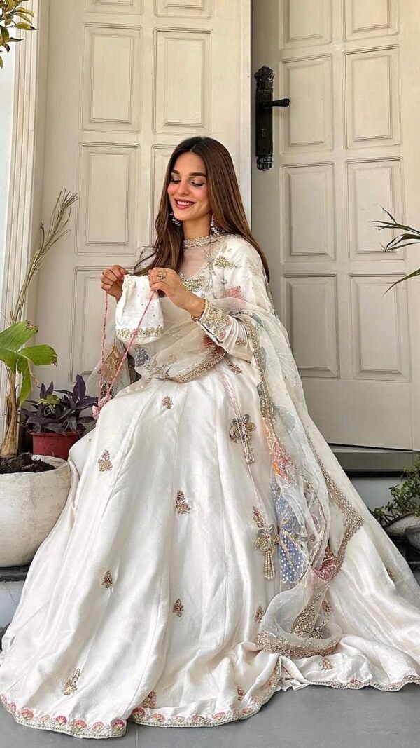 Designer White Chinon Gown Set – Buy Now