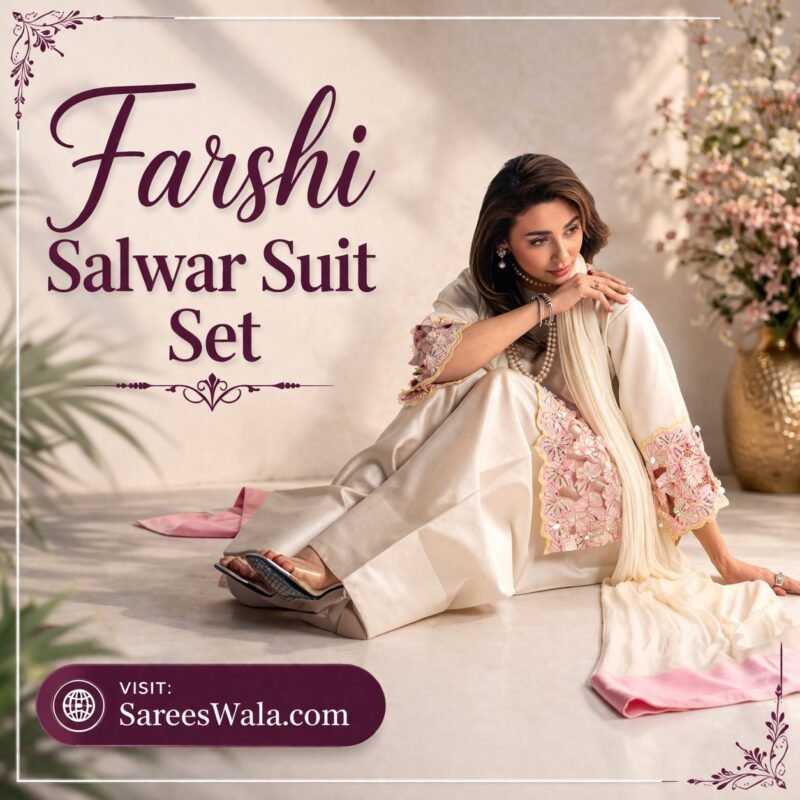 Farshi salwar suit set for women Pakistani design with embroidered sleeves and dupatta