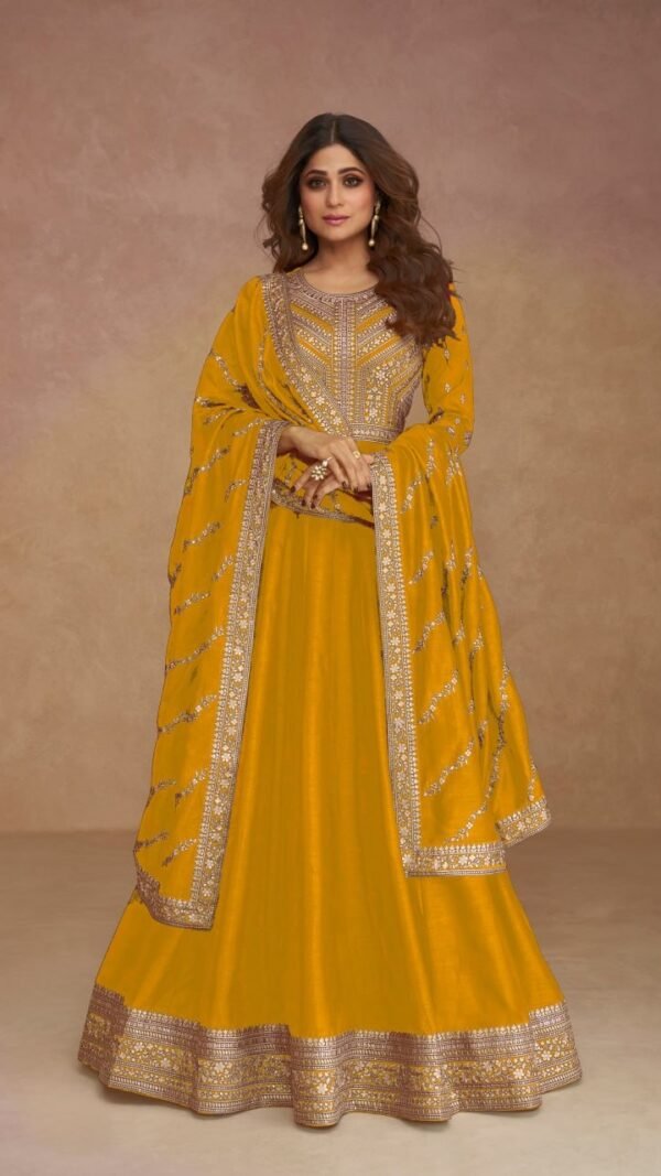 Mustard Yellow Silk Anarkali Suit with Sequins Dupatta
