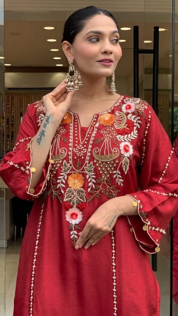 Red Chanderi Silk Kurta Set for Women