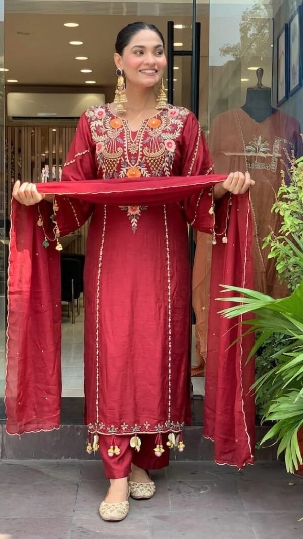 Red Chanderi Silk Kurta Set for Women