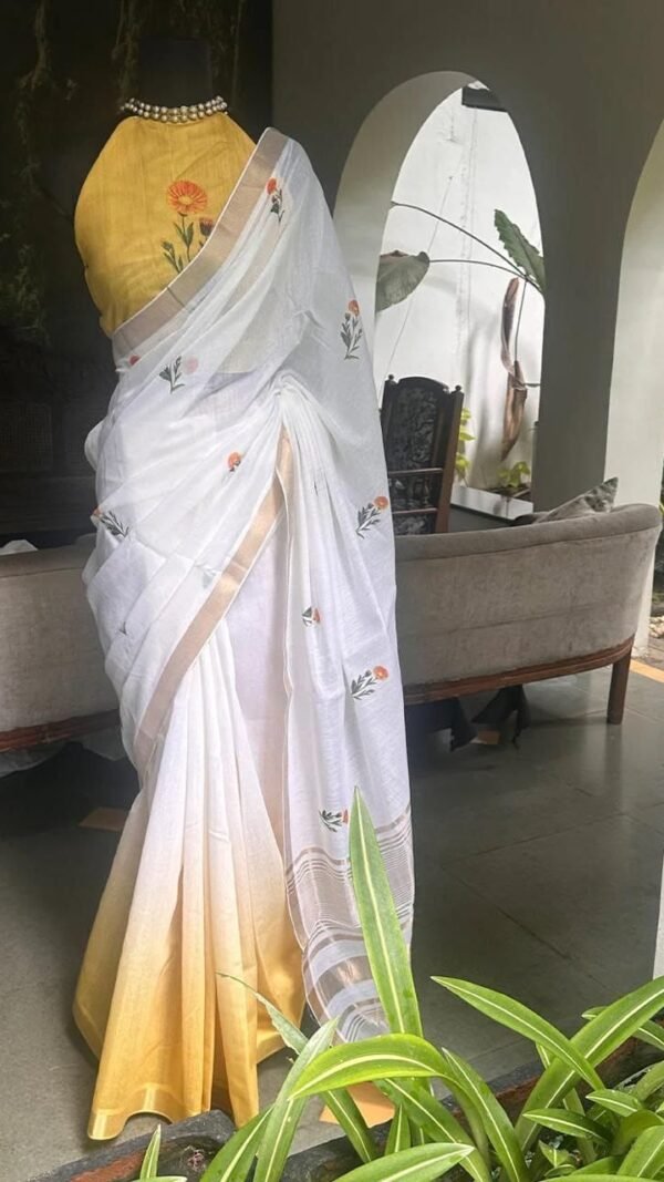 White Linen Saree with Gold Jari Border Digital Print