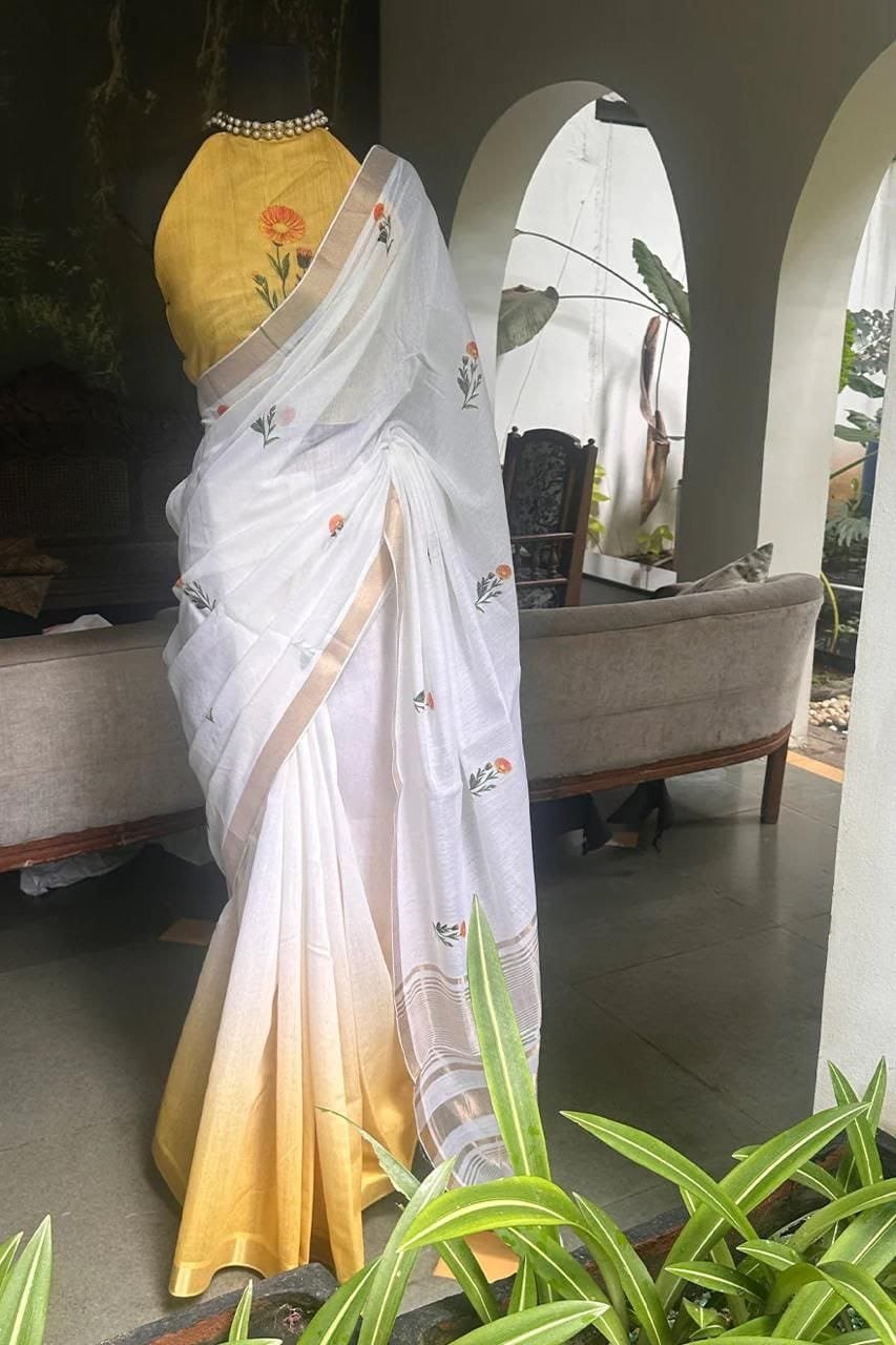White Linen Saree with Gold Jari Border Digital Print