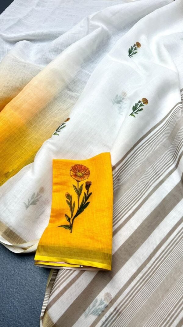 White Linen Saree with Gold Jari Border Digital Print