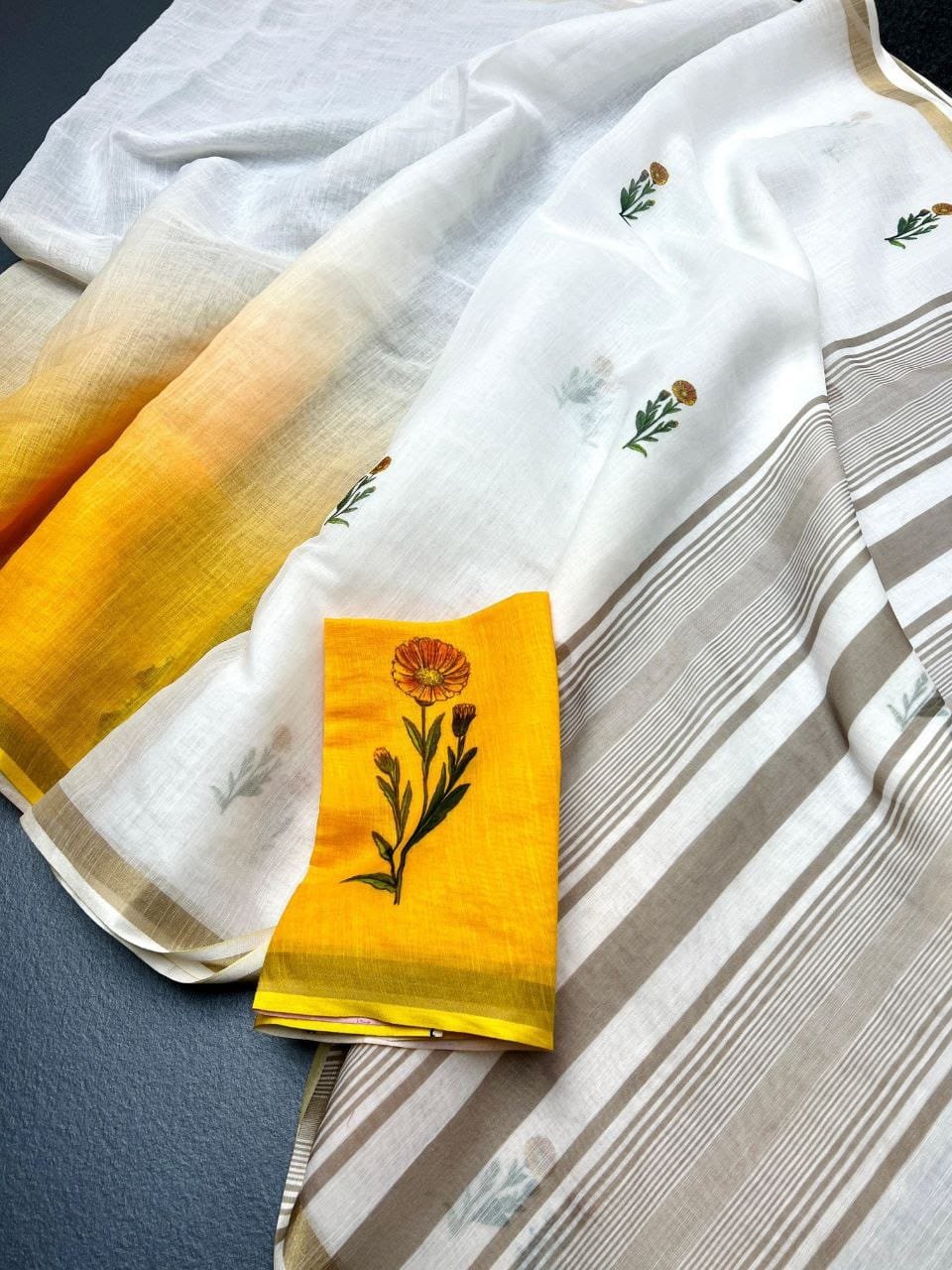 White Linen Saree with Gold Jari Border Digital Print