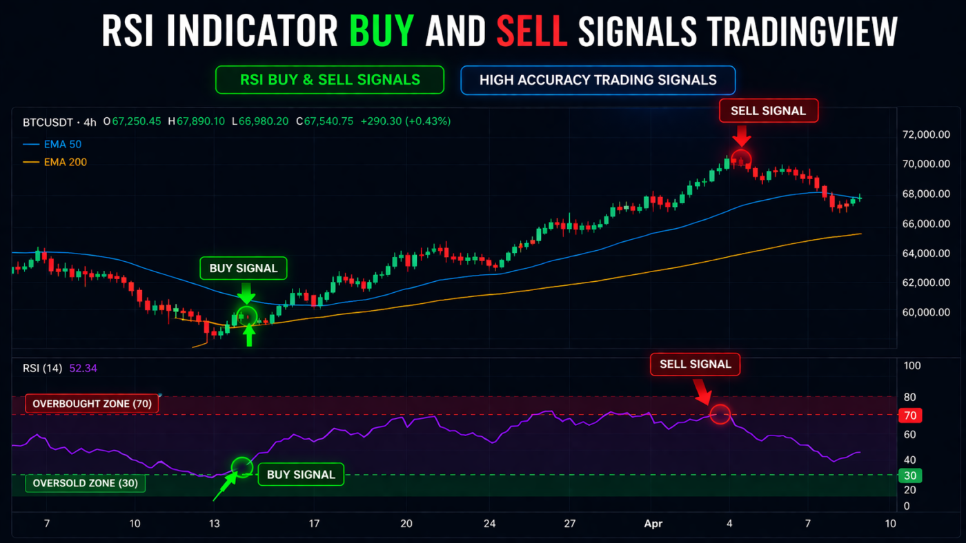 RSI indicator buy and sell signals TradingView showing oversold and overbought zones with entry and exit signals