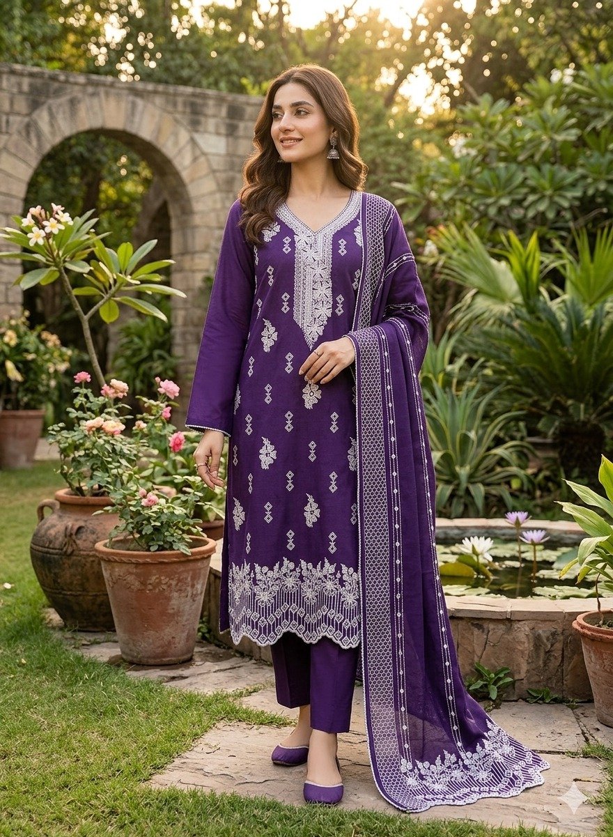 Wine Purple Embroidered Pakistani Suit with Dupatta under 1000
