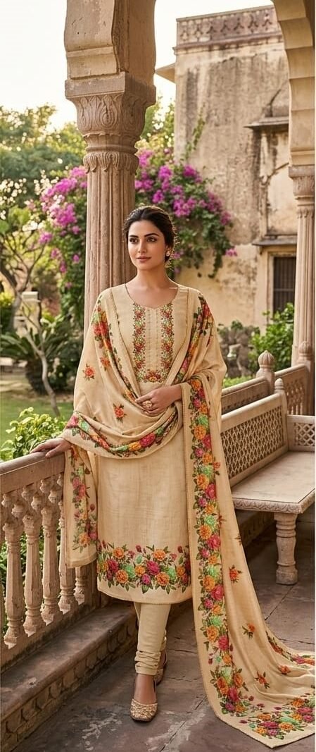 Cream Beige Floral Pakistani Suit with Dupatta under 1000