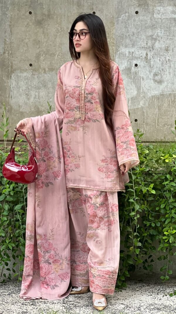 Dusty Rose Pink Faux Georgette Floral Suit with Palazzo