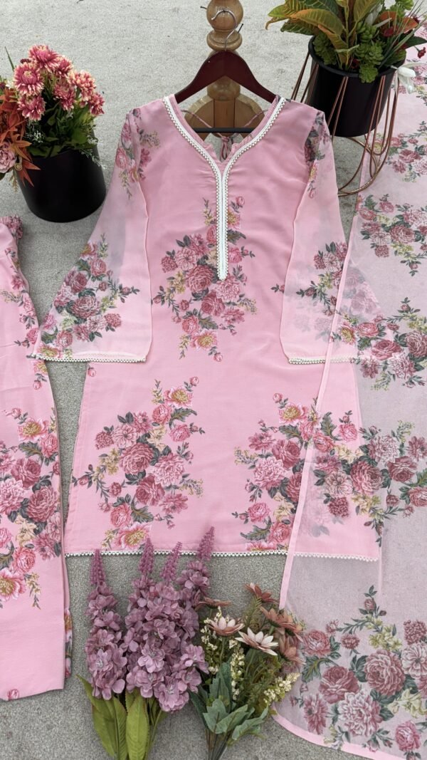 Alternative view of Faux Georgette Digital Print Pakistani Suit Set with Farshi Palazzo & Dupatta | Party Wear | 3 Colors