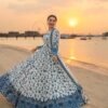 Hania Amir inspired blue floral Anarkali gown dress with dupatta