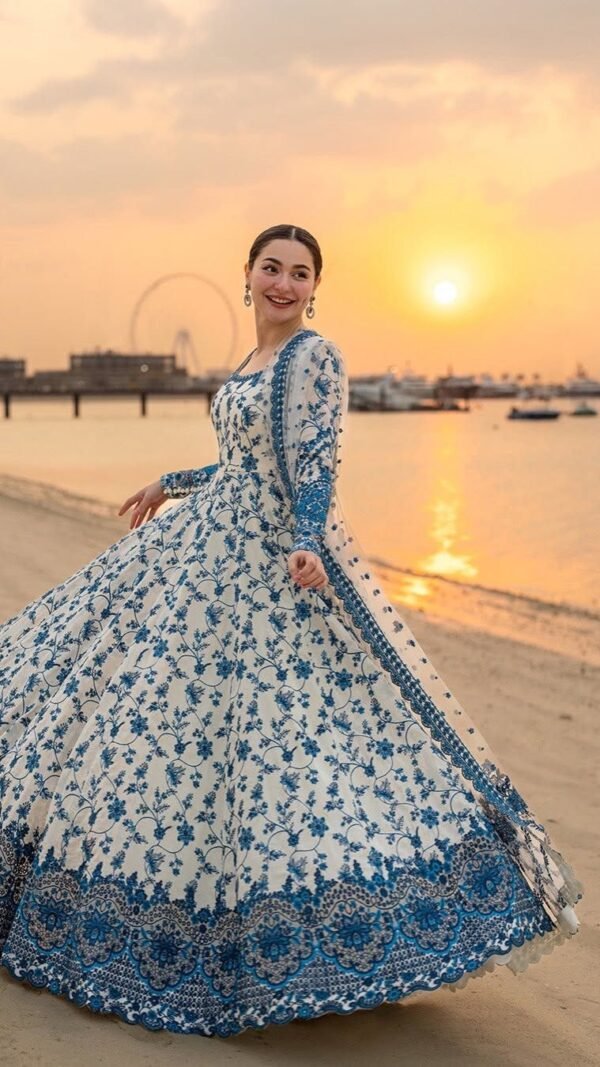 Hania Amir inspired blue floral Anarkali gown dress with dupatta