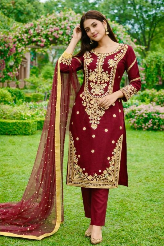 Maroon GMY silk Pakistani suit set with embroidery and sequence work fully stitched kurta pant dupatta set for women