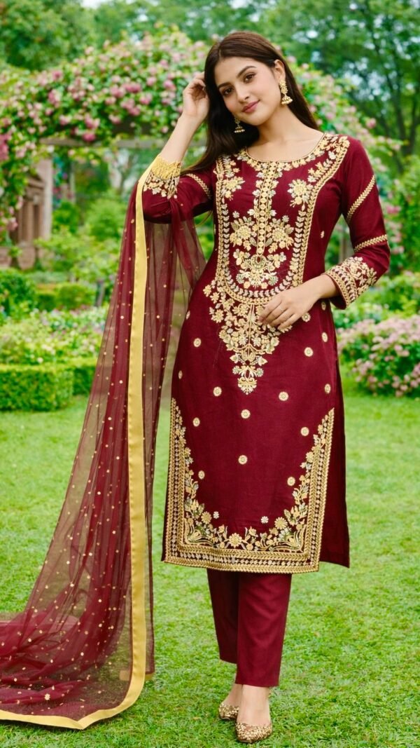 Maroon GMY silk Pakistani suit set with embroidery and sequence work fully stitched kurta pant dupatta set for women