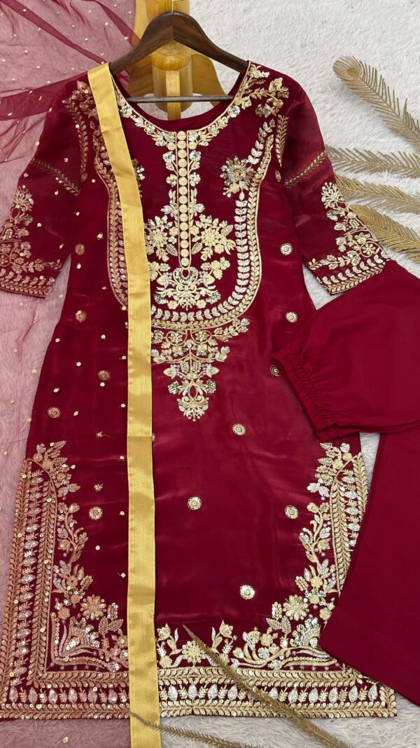 Maroon GMY silk Pakistani suit set with embroidery and sequence work fully stitched kurta pant dupatta set for women