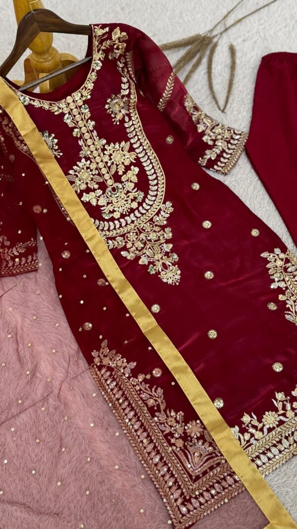 Maroon GMY silk Pakistani suit set with embroidery and sequence work fully stitched kurta pant dupatta set for women