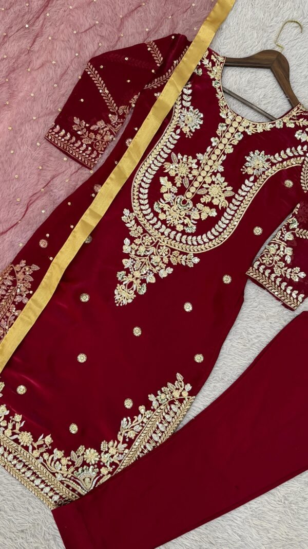Maroon GMY silk Pakistani suit set with embroidery and sequence work fully stitched kurta pant dupatta set for women