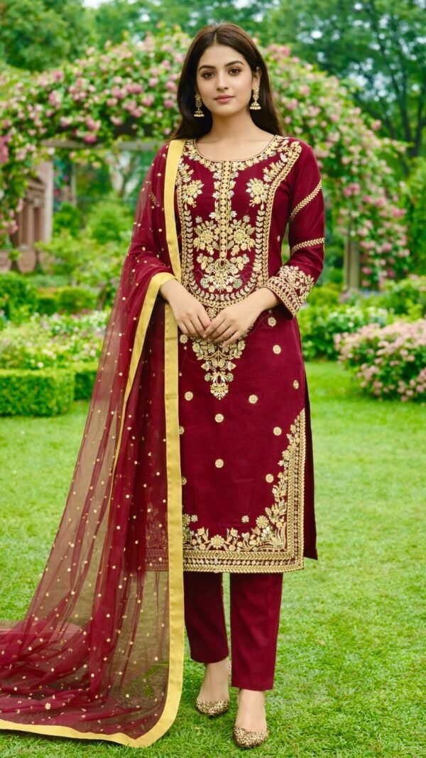 Maroon GMY silk Pakistani suit set with embroidery and sequence work fully stitched kurta pant dupatta set for women