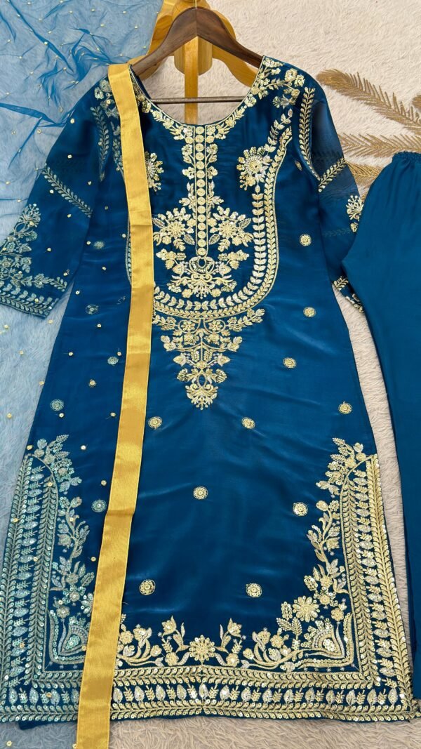 Navy blue GMY silk Pakistani suit set with embroidery and sequence work fully stitched kurta pant dupatta set for women