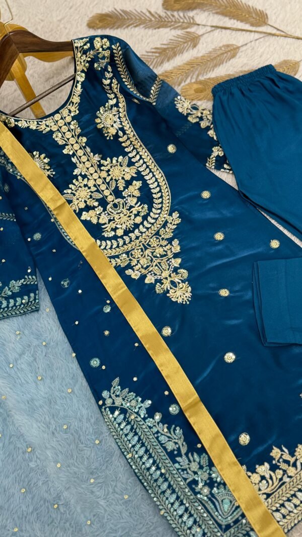 Navy blue GMY silk Pakistani suit set with embroidery and sequence work fully stitched kurta pant dupatta set for women