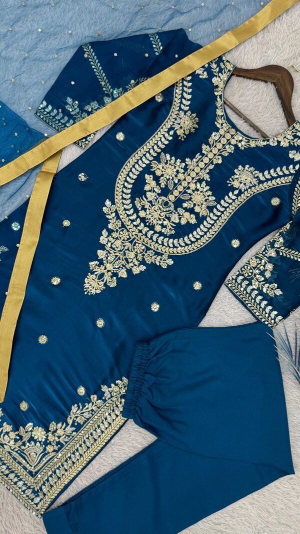 Navy blue GMY silk Pakistani suit set with embroidery and sequence work fully stitched kurta pant dupatta set for women