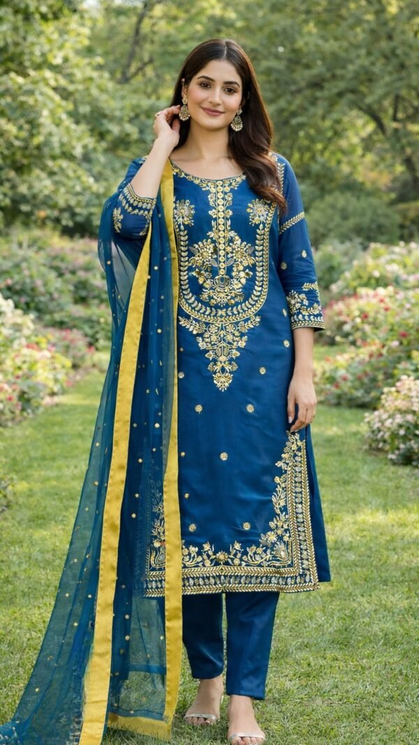 Navy blue GMY silk Pakistani suit set with embroidery and sequence work fully stitched kurta pant dupatta set for women