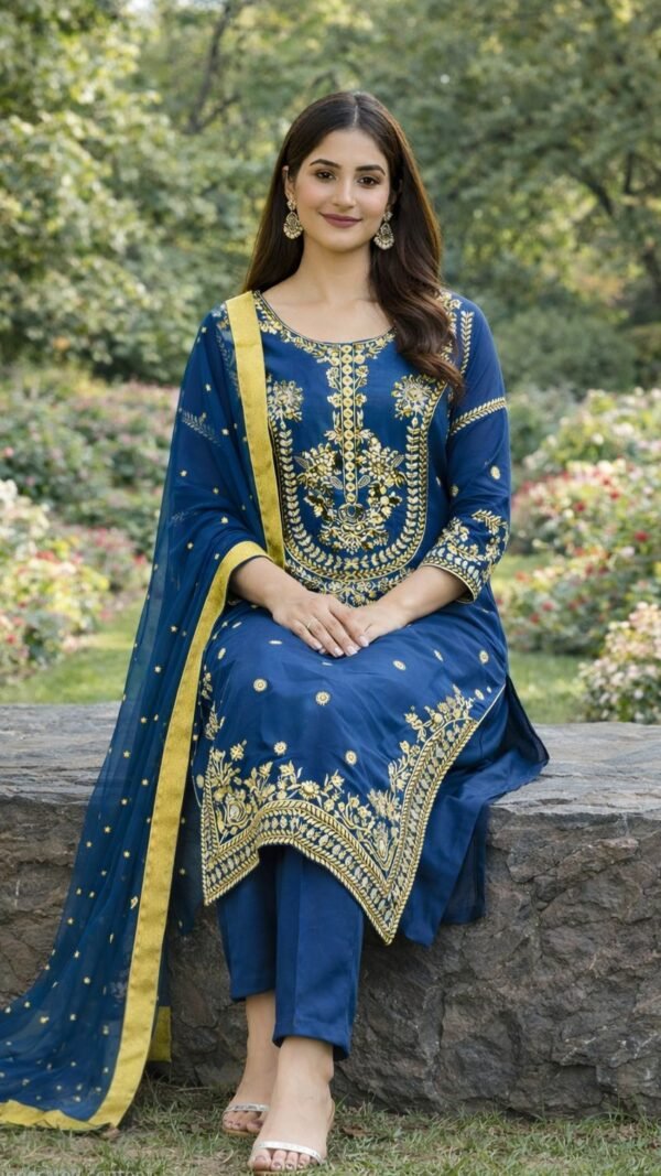 Navy blue GMY silk Pakistani suit set with embroidery and sequence work fully stitched kurta pant dupatta set for women