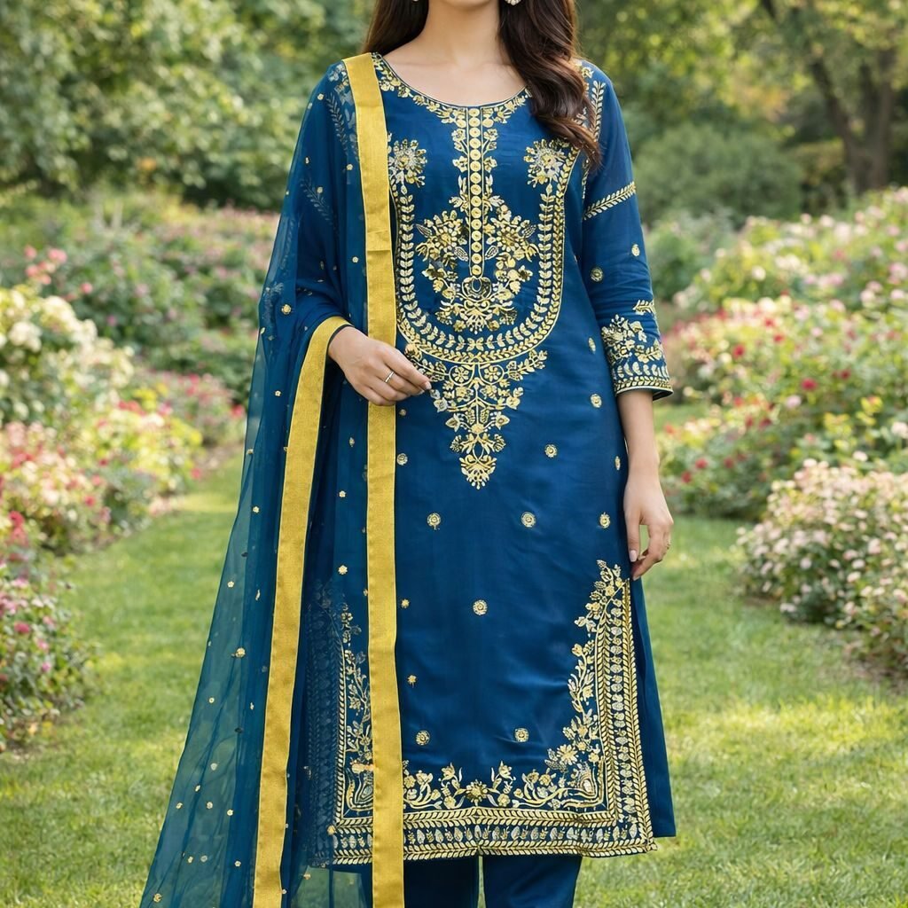Navy Blue GMY Silk Pakistani Suit Set - SareesWala.com