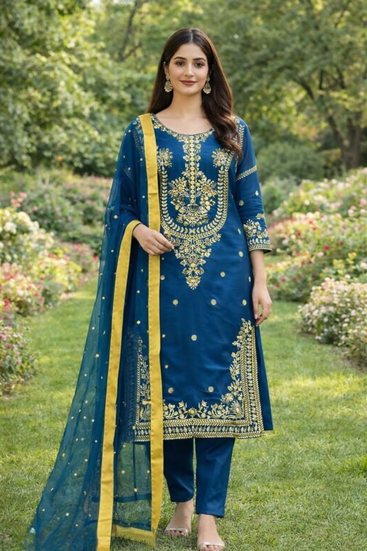 Navy blue GMY silk Pakistani suit set with embroidery and sequence work fully stitched kurta pant dupatta set for women
