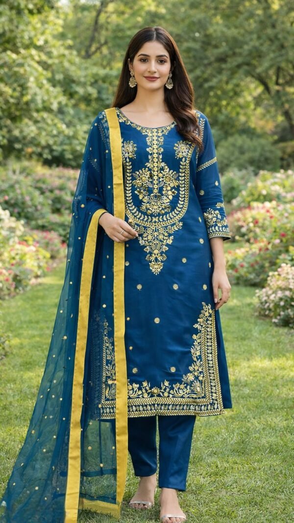 Navy blue GMY silk Pakistani suit set with embroidery and sequence work fully stitched kurta pant dupatta set for women