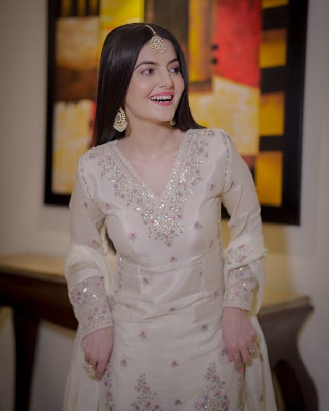 Off white chinon silk Pakistani suit with embroidery sequins palazzo set and dupatta for women festive wear India UK USA Canada