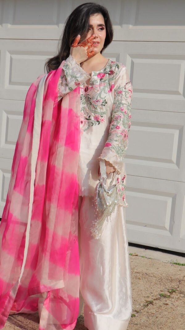 Pink Embroidered Pakistani Suit Under 2000 with Farshi Pant and Tissue Silk Dupatta
