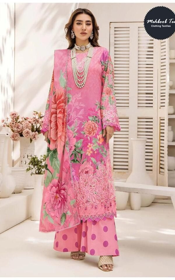 pink pakistani suit under 1000 floral cotton with chiffon dupatta for women