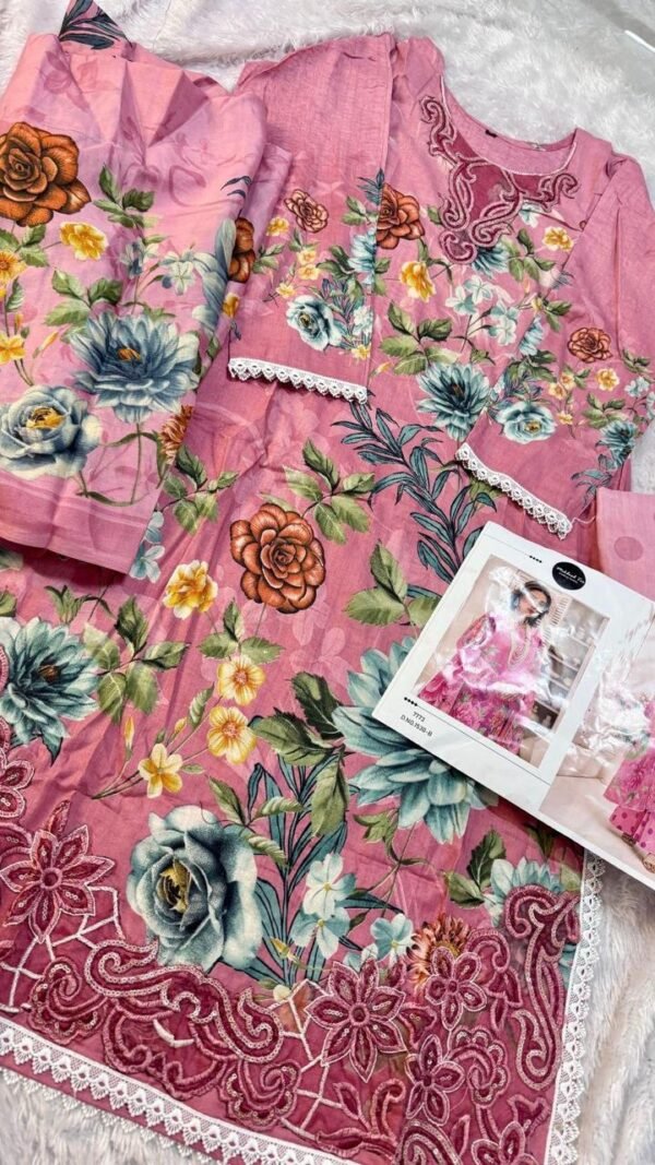 Alternative view of Pakistani Suit Under 1000 | Cotton Printed Embroidered Set with Chiffon Dupatta