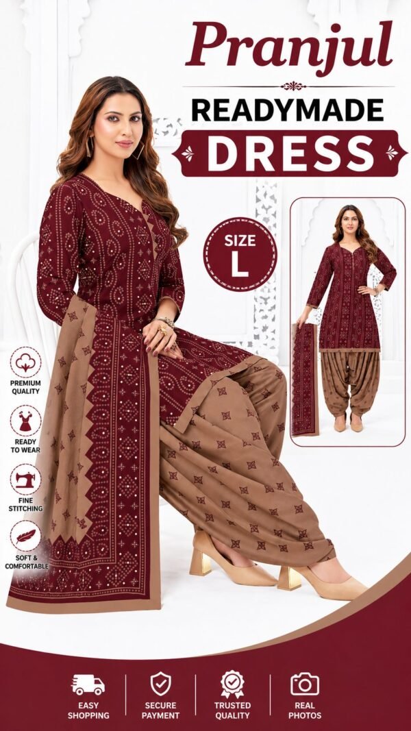 Pranjul Readymade Dress Size L for Women – Stylish Printed Ready to Wear Punjabi Suit with Dupatta