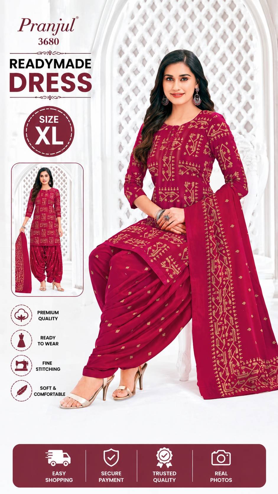 Pranjul Readymade Dress Size XL for Women โ Stylish Printed Punjabi Suit with Dupatta