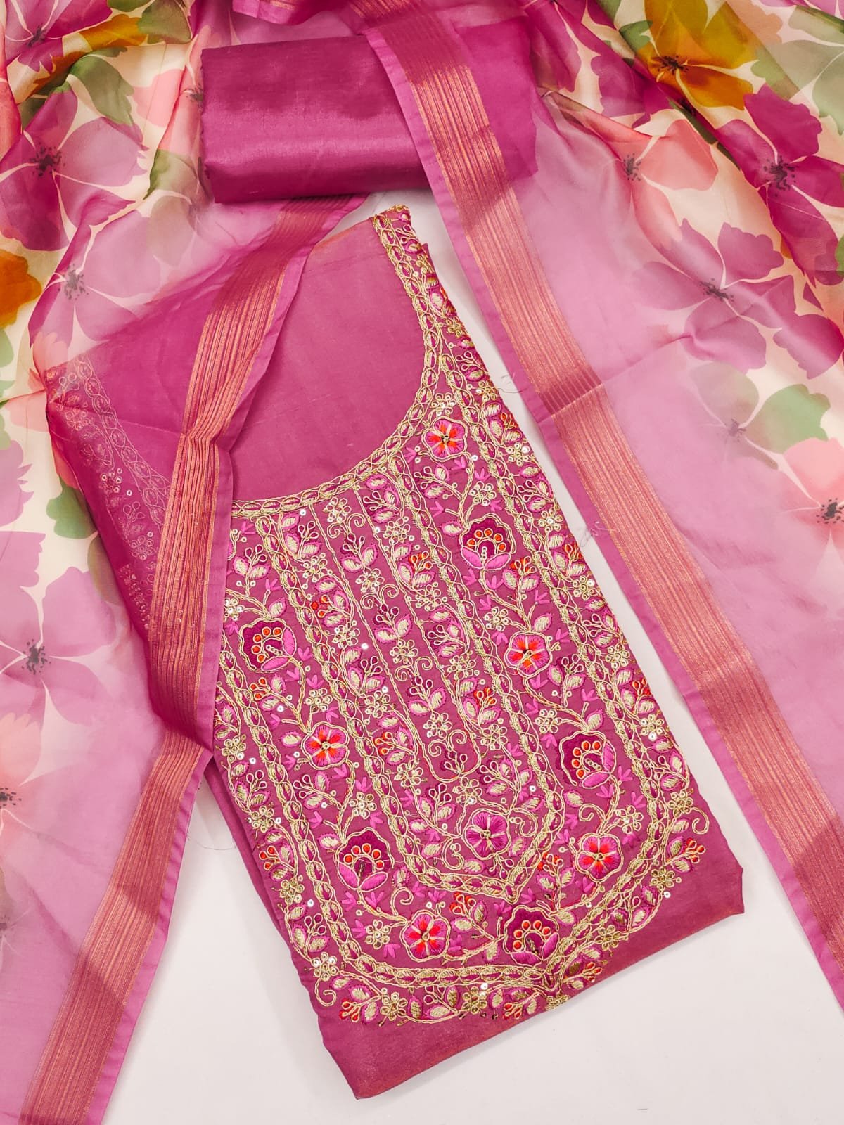 Roman Silk Embroidered Pakistani Suit Under 1000 with Dupatta | 4 Colors Available - Image 3