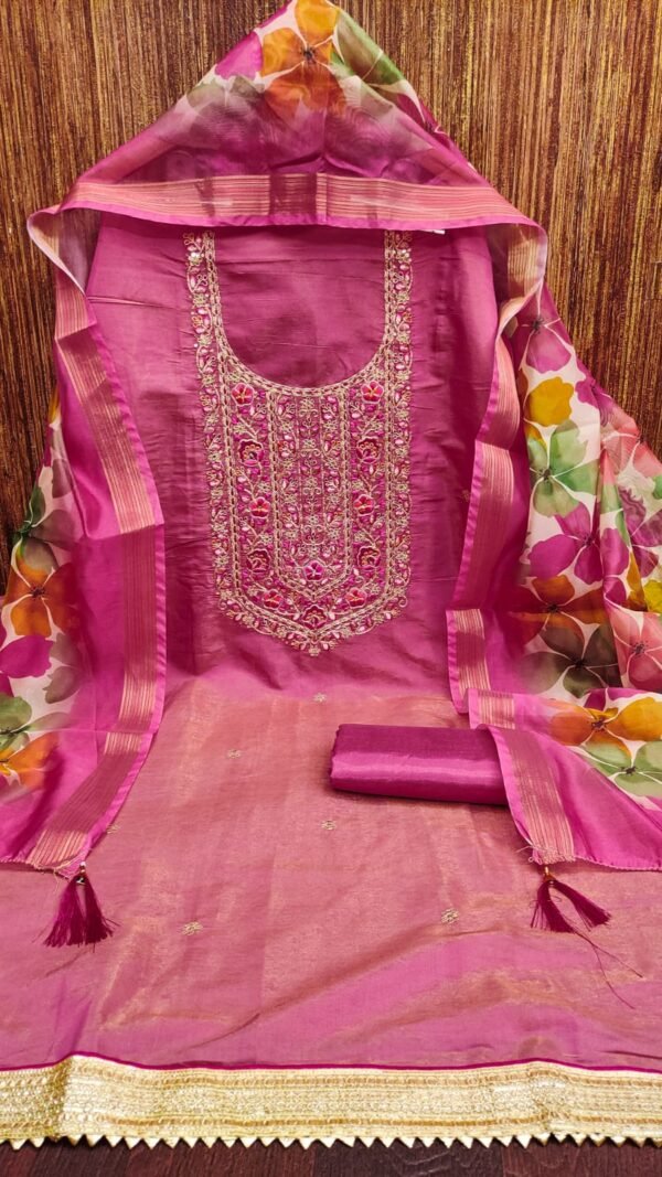 Alternative view of Roman Silk Embroidered Pakistani Suit Under 1000 with Dupatta | 4 Colors Available