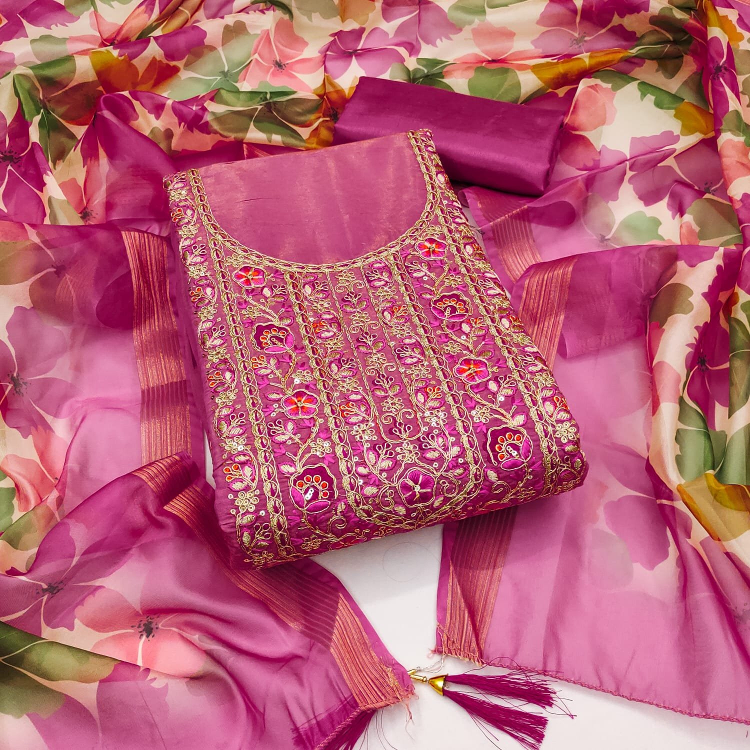 Roman Silk Embroidered Pakistani Suit Under 1000 with Dupatta | 4 Colors Available - Image 4