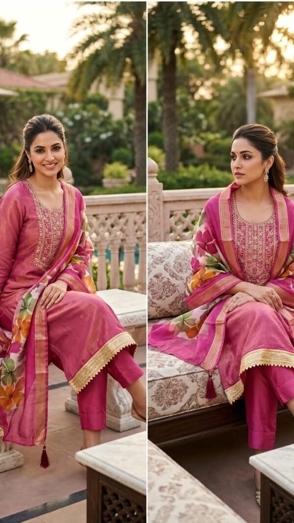 Rani Pink Embroidered Pakistani Suit with Dupatta under 1000