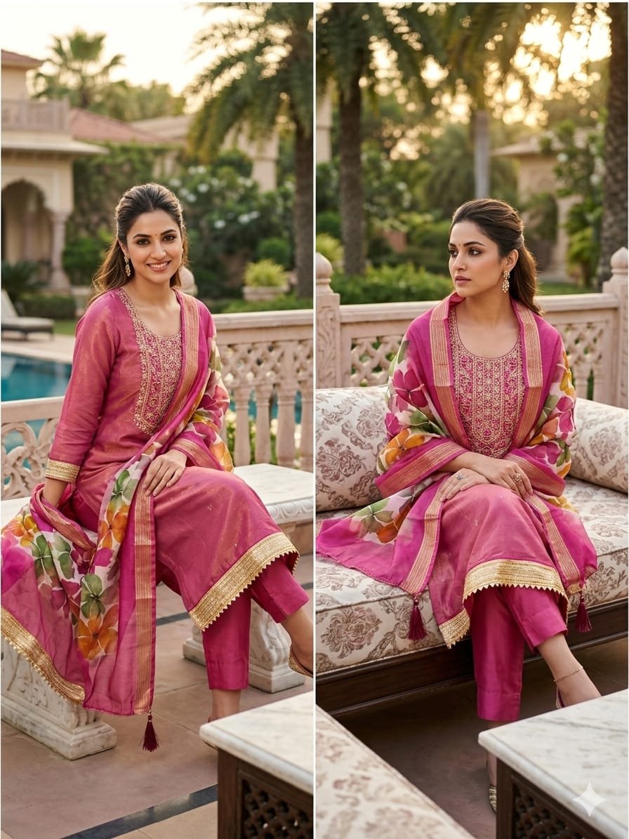 Rani Pink Embroidered Pakistani Suit with Dupatta under 1000