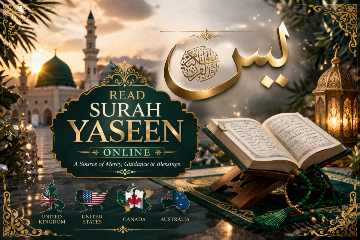 Read Surah Yaseen online with clear Arabic text, Quran on wooden stand, Islamic mosque background and spiritual design for UK, USA, Canada, Australia and Europe users