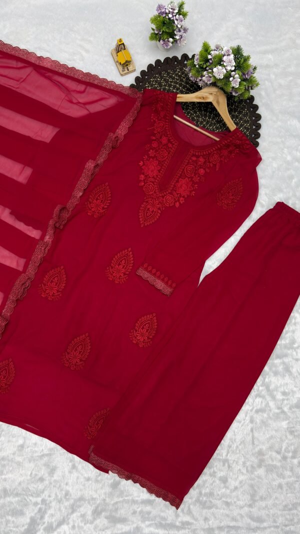 Alternative view of Red Embroidered Pakistani Suit with Palazzo & Dupatta Under 2000