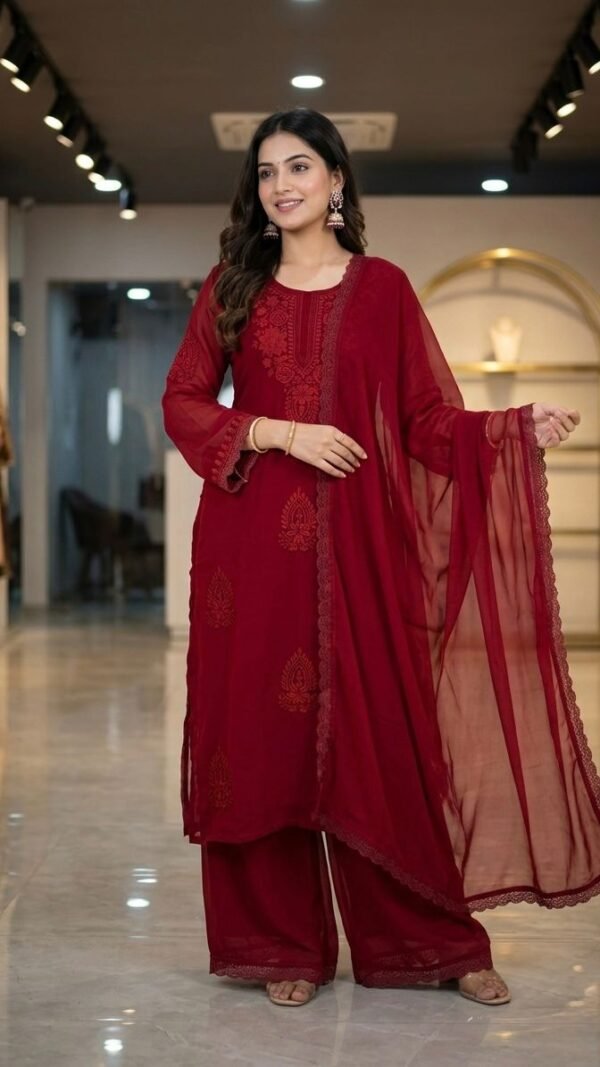 red pakistani suit under 2000 embroidered georgette plazzo dupatta set for women