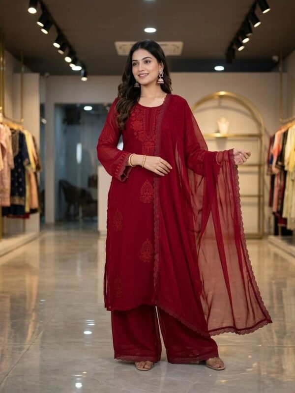 red pakistani suit under 2000 embroidered georgette plazzo dupatta set for women