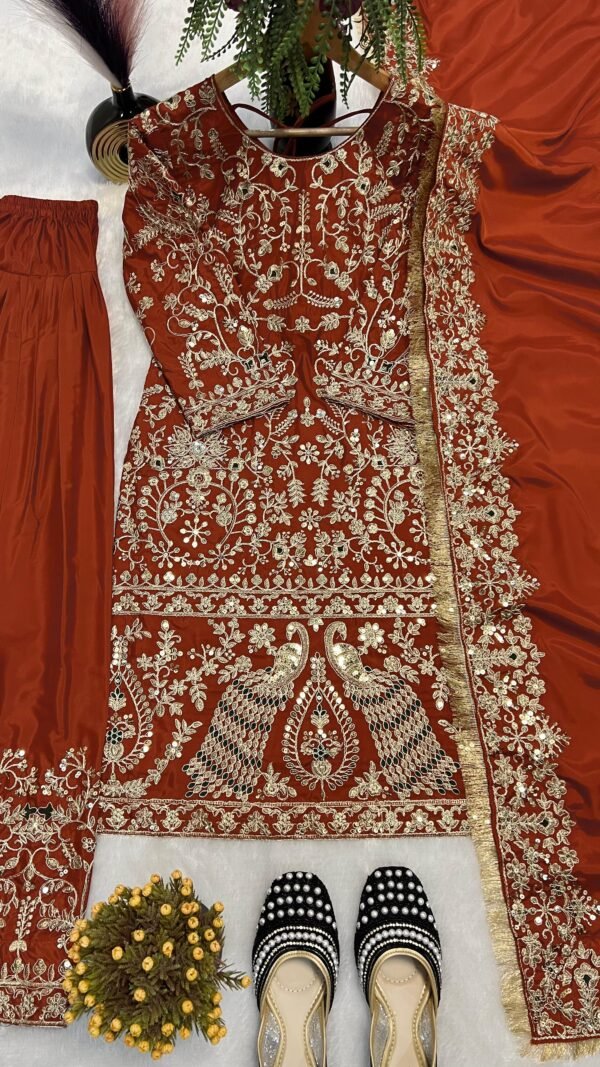 Alternative view of Designer Rust Embroidered Pakistani Suit with Farshi Salwar Under 2000
