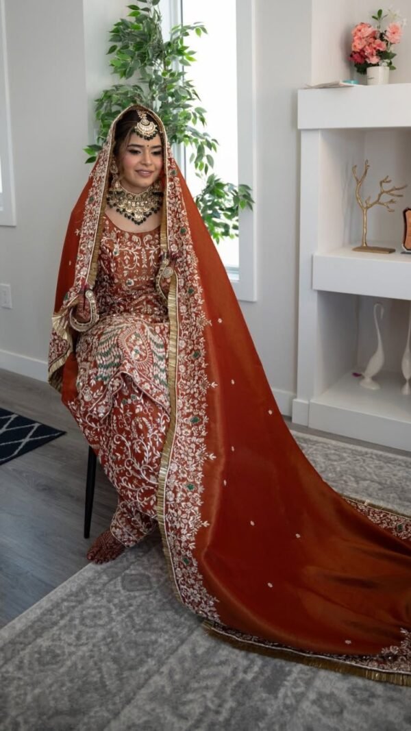 rust pakistani suit under 2000 for women embroidered farshi salwar with dupatta