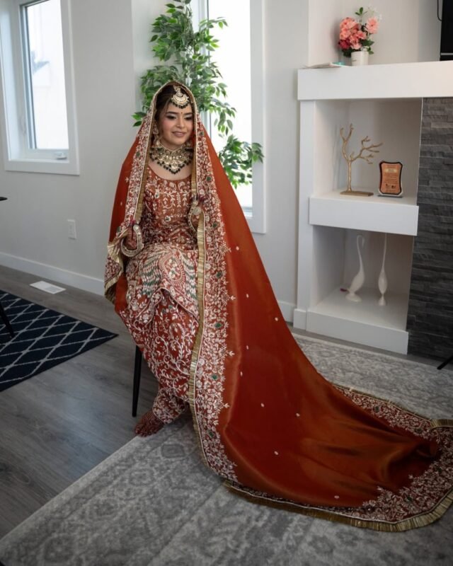 rust pakistani suit under 2000 for women embroidered farshi salwar with dupatta