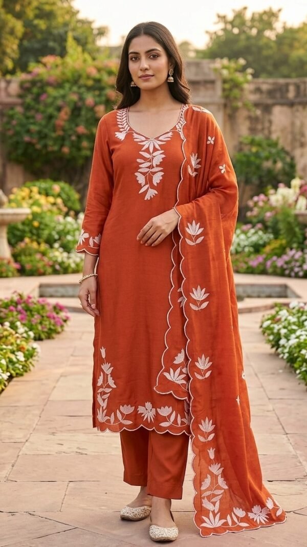 Rust Orange Vichitra Silk Sequin Work Suit with Dupatta