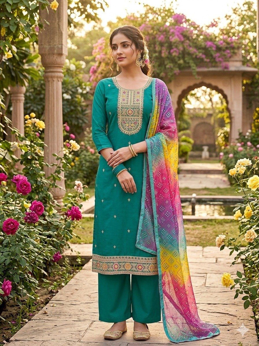Teal Green Designer Pakistani Suit with Organza Dupatta under 1000